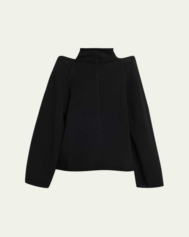 Shaped Shoulder Wool Funnel-Neck Pullov